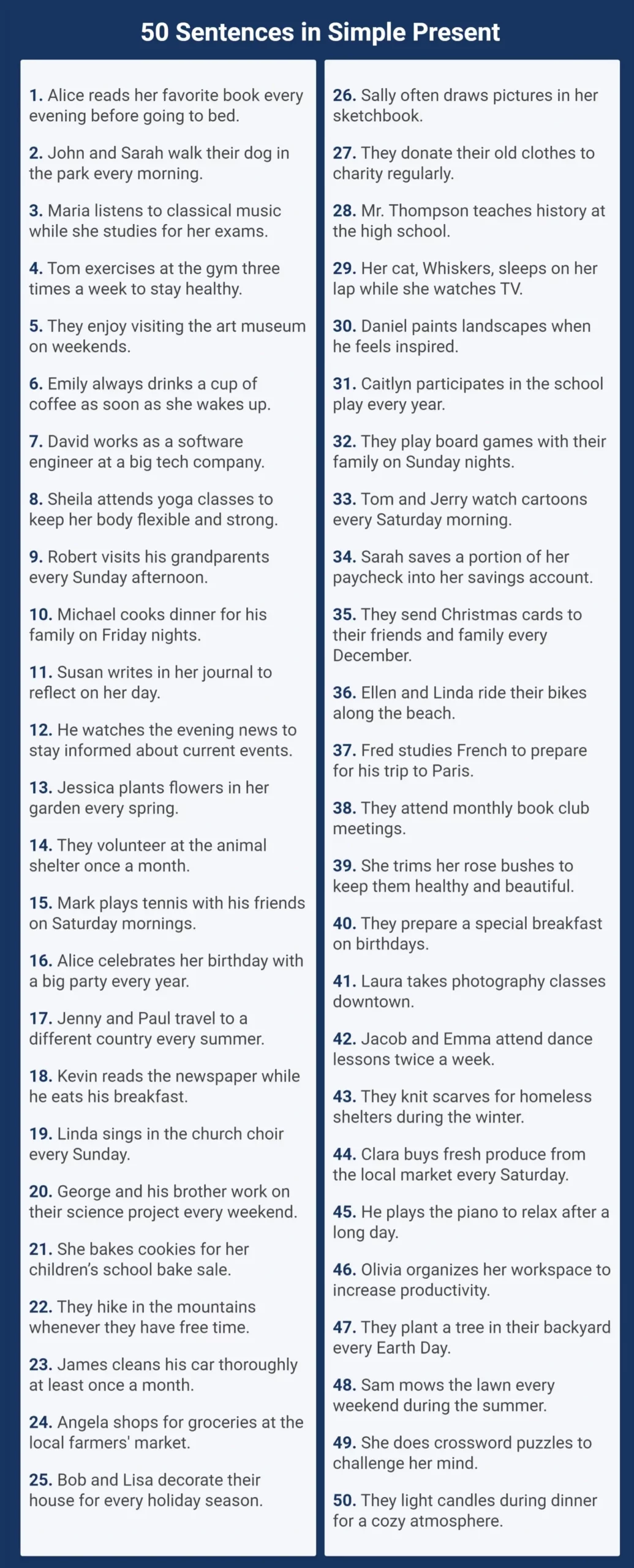 50 Frases no presente simples em inglês