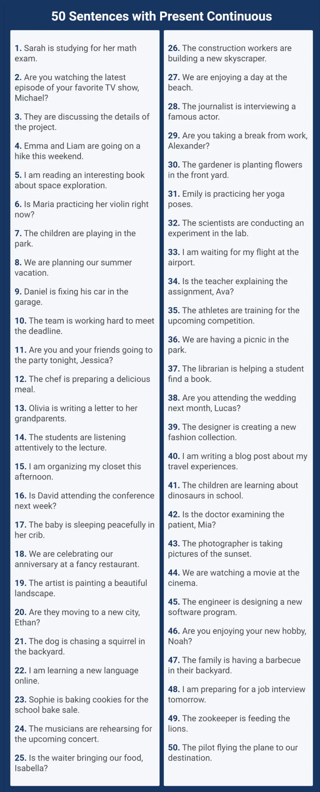 50 Sentences in present continuous in English